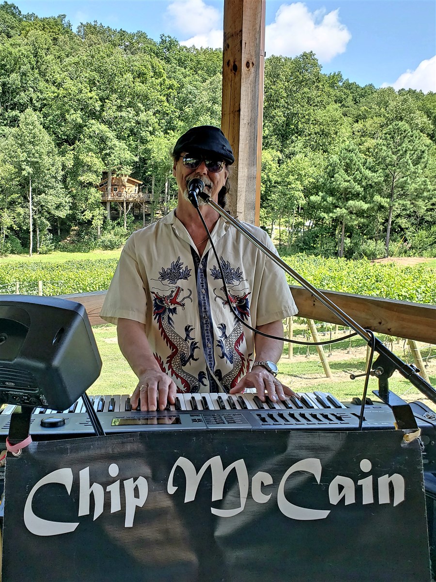 a photo of chip playing keyboards on the patio at bear claw vineyards in blue ridge georgia