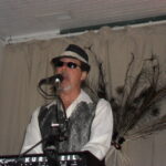A musician in a stylish outfit performs at a keyboard, with decorative peacock feathers in the background.